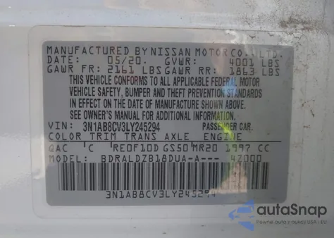 2020 Nissan Sentra Sv Xtronic Cvt from USA, damaged, VIN 3N1AB8CV3LY245294